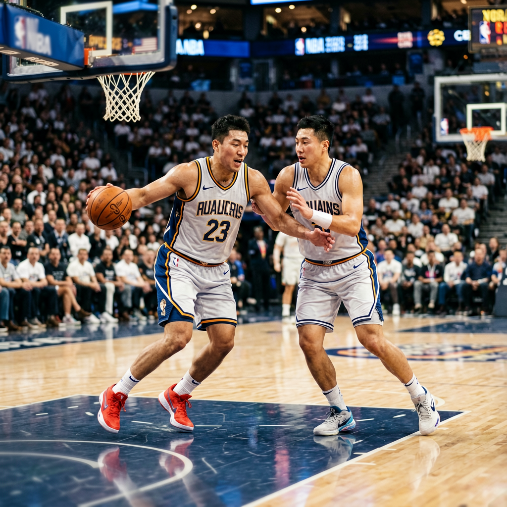 NBA篮球联赛比赛现场，球员在球场上激烈对抗